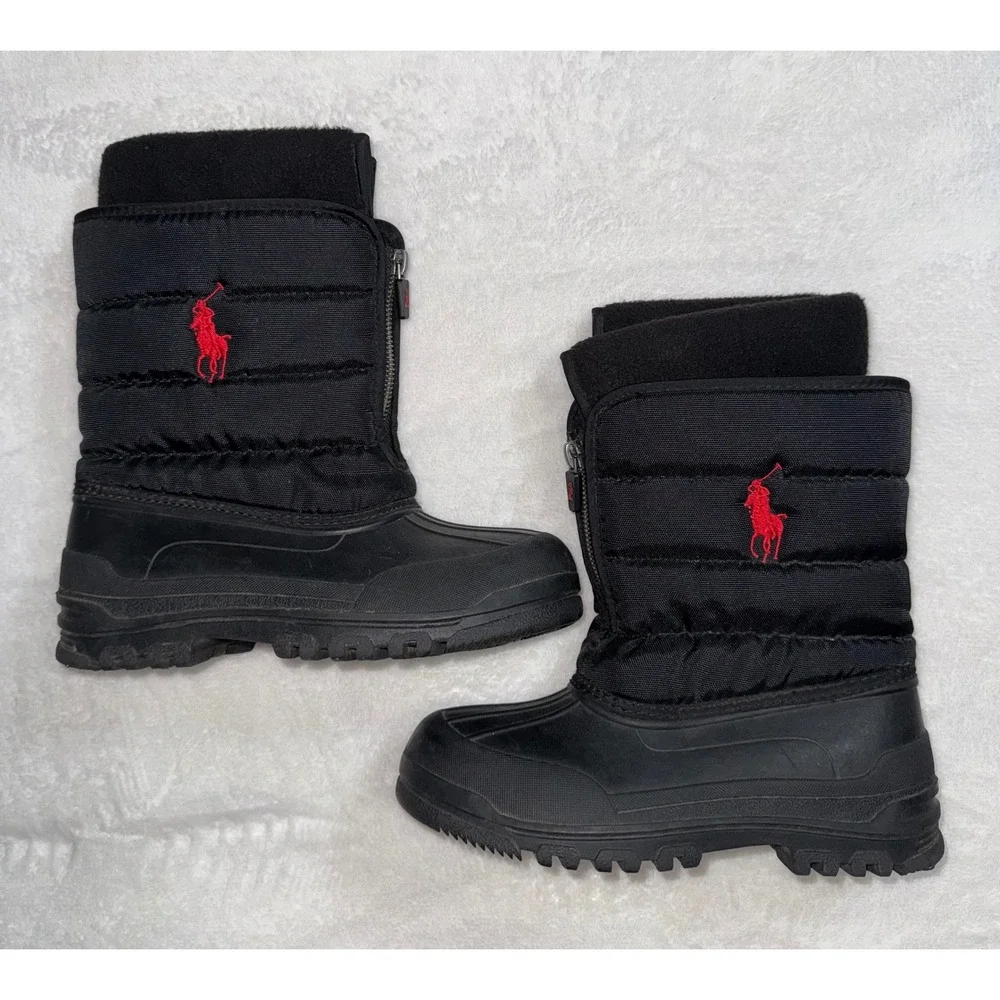 Polo Ralph Lauren Vancouver Zip Kids Snow Boots Black Red Pony Size 2 95670